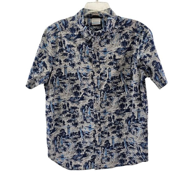 Columbia Men’s Sailboat Lighthouse Print Button Up Short Sleeve Shirt Sz Medium - Picture 3 of 15